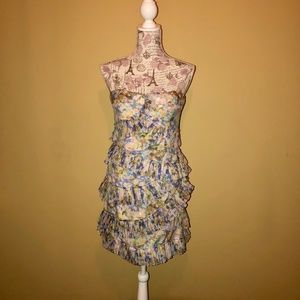 Strapless Silk Floral Abstract Ruffle Dress